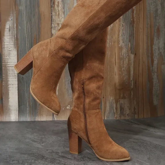 Women Minimalist Side Zipper Chunky Heeled Classic Boots, Elegant Outdoor Faux S
