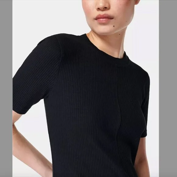 Women's 8 Sweaty Betty Black Ribbed Midi Dress Slim Fit Pleated Lettuce Hem