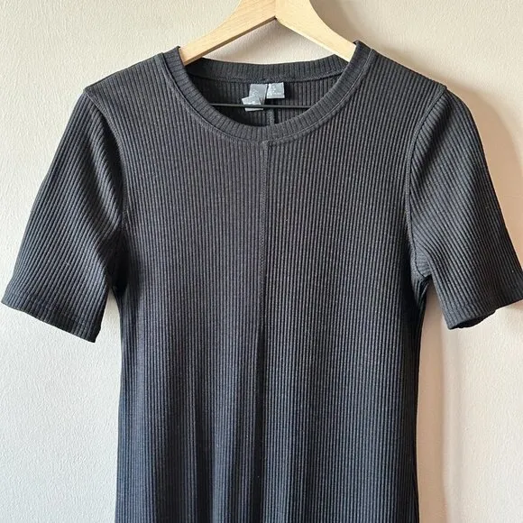Women's 8 Sweaty Betty Black Ribbed Midi Dress Slim Fit Pleated Lettuce Hem