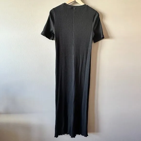 Women's 8 Sweaty Betty Black Ribbed Midi Dress Slim Fit Pleated Lettuce Hem