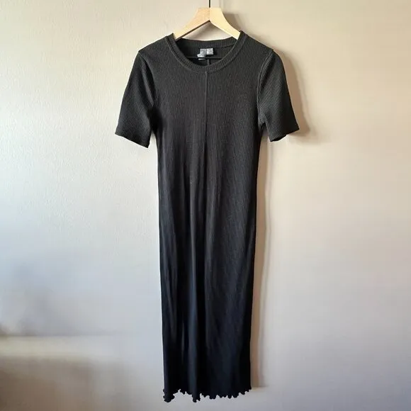 Women's 8 Sweaty Betty Black Ribbed Midi Dress Slim Fit Pleated Lettuce Hem