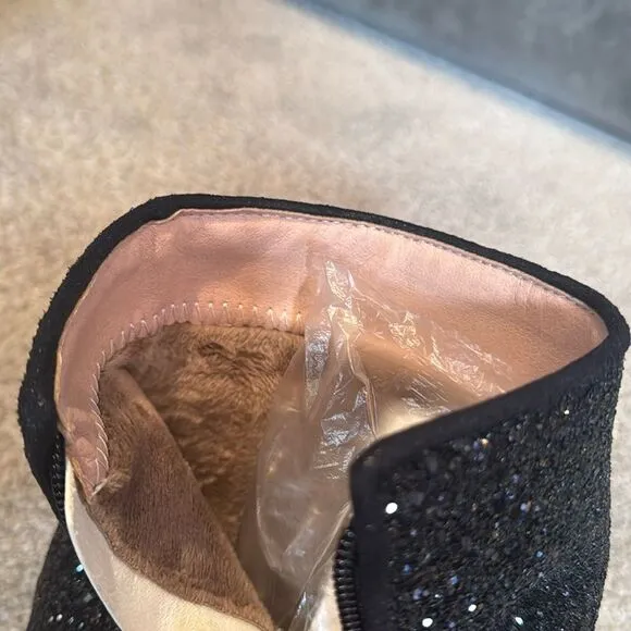 Women’s Black Glitter Covered Chunky Heeled Party Boots Zipper Size 10.5 NEW