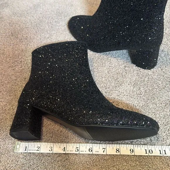 Women’s Black Glitter Covered Chunky Heeled Party Boots Zipper Size 10.5 NEW