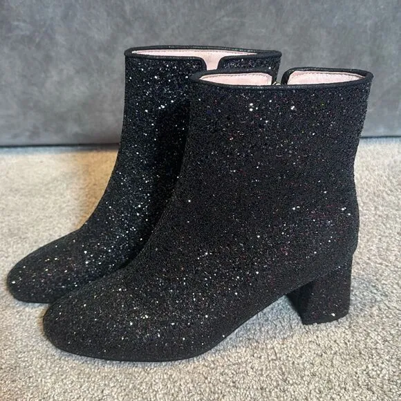 Women’s Black Glitter Covered Chunky Heeled Party Boots Zipper Size 10.5 NEW