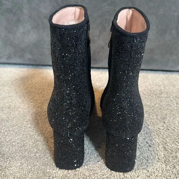 Women’s Black Glitter Covered Chunky Heeled Party Boots Zipper Size 10.5 NEW
