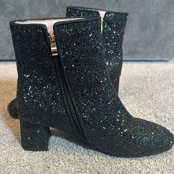 Women’s Black Glitter Covered Chunky Heeled Party Boots Zipper Size 10.5 NEW