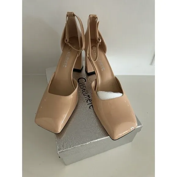 Womens Chunky Block High Heel Square Toe Pumps Ankle Strap beige prom dress