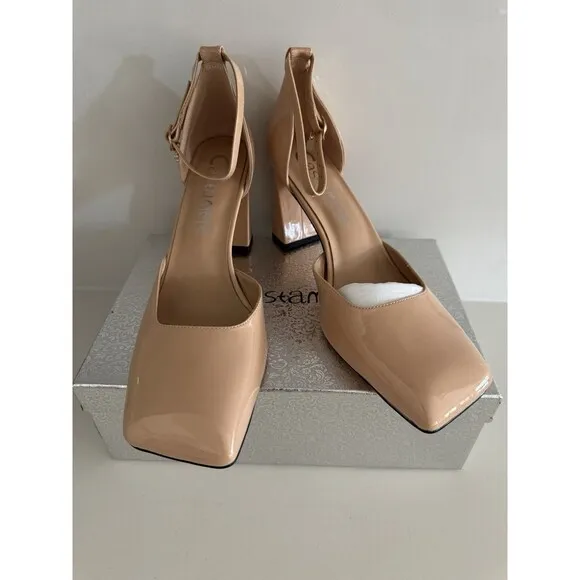 Womens Chunky Block High Heel Square Toe Pumps Ankle Strap beige prom dress