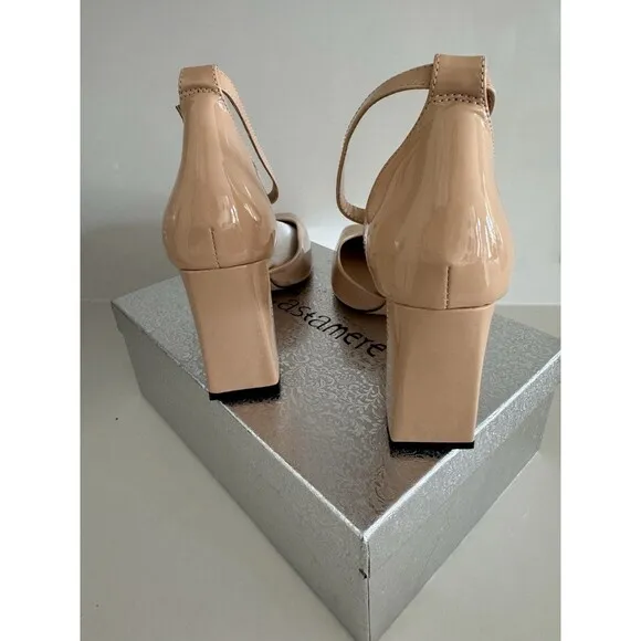 Womens Chunky Block High Heel Square Toe Pumps Ankle Strap beige prom dress