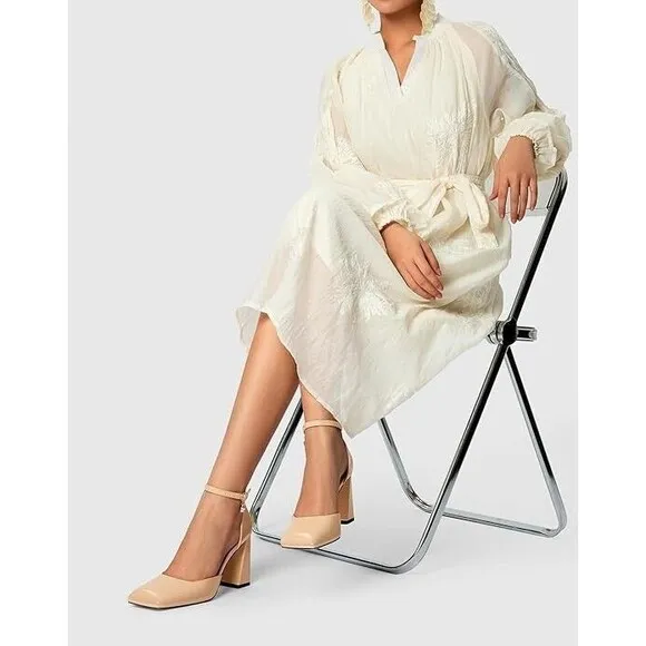 Womens Chunky Block High Heel Square Toe Pumps Ankle Strap beige prom dress