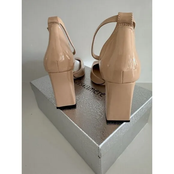 Womens Chunky Block High Heel Square Toe Pumps Ankle Strap beige prom dress