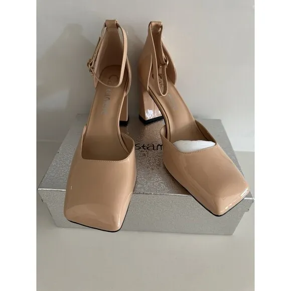 Womens Chunky Block High Heel Square Toe Pumps Ankle Strap beige prom dress