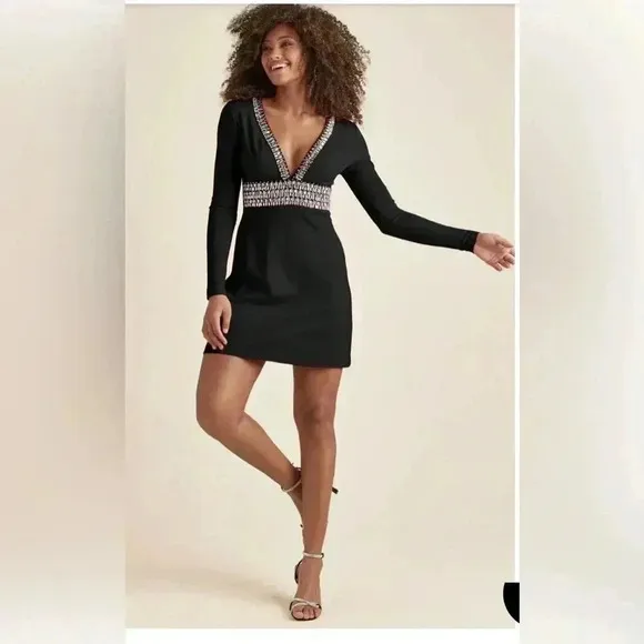 Women’s deep V embellished rhinestone dress with long sleeves