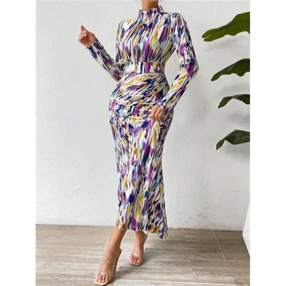 Women's Full Printed Stand Collar Slim Fit Dress