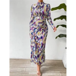Women's Full Printed Stand Collar Slim Fit Dress