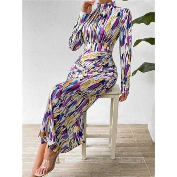 Women's Full Printed Stand Collar Slim Fit Dress