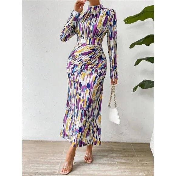 Women's Full Printed Stand Collar Slim Fit Dress