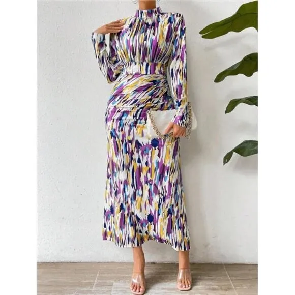 Women's Full Printed Stand Collar Slim Fit Dress