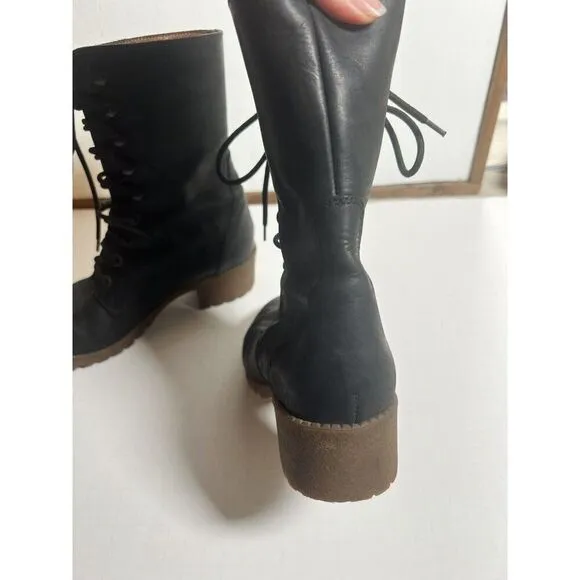 Women’s J Crew Mid Calf Lace Up Black Leather Lug Sole Boots 6