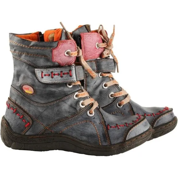 Women's Lace-up Leather Casual Ankle Non-slip Boot With Handstitching Up…