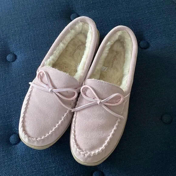 Womens Moccasins Sz 9 My slippers Pink Cream in/out by My pillow Suede Faux Fur