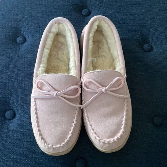 Womens Moccasins Sz 9 My slippers Pink Cream in/out by My pillow Suede Faux Fur