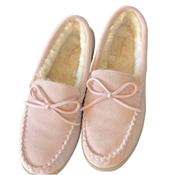 Womens Moccasins Sz 9 My slippers Pink Cream in/out by My pillow Suede Faux Fur