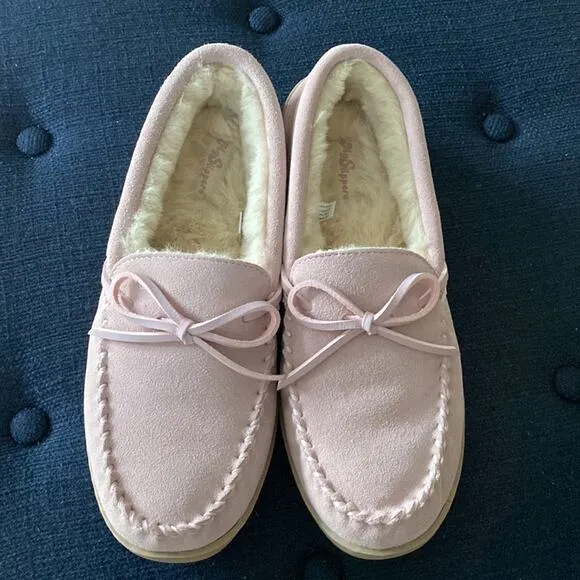 Womens Moccasins Sz 9 My slippers Pink Cream in/out by My pillow Suede Faux Fur