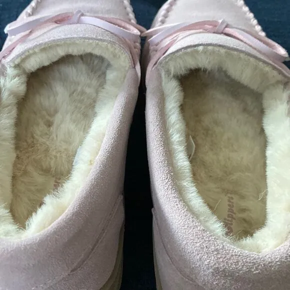 Womens Moccasins Sz 9 My slippers Pink Cream in/out by My pillow Suede Faux Fur
