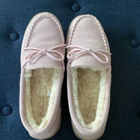 Womens Moccasins Sz 9 My slippers Pink Cream in/out by My pillow Suede Faux Fur