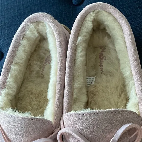 Womens Moccasins Sz 9 My slippers Pink Cream in/out by My pillow Suede Faux Fur