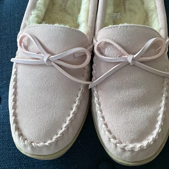 Womens Moccasins Sz 9 My slippers Pink Cream in/out by My pillow Suede Faux Fur