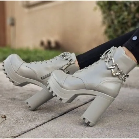Women's Platform Heel Boots Chunky Ankle Lace Up Olive Color
