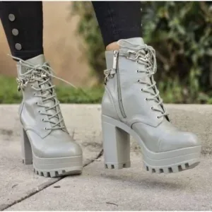 Women's Platform Heel Boots Chunky Ankle Lace Up Olive Color