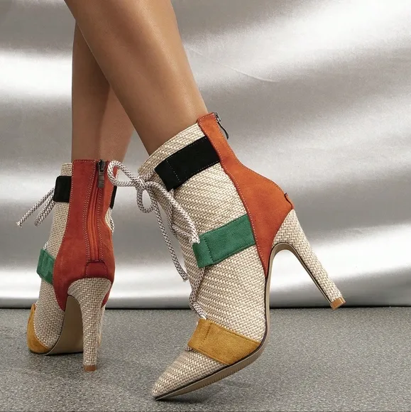 Women's Pointed Toe Stiletto Heeled Ankle Boots Of Classic Style With Cross Stra