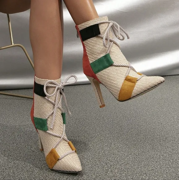 Women's Pointed Toe Stiletto Heeled Ankle Boots Of Classic Style With Cross Stra