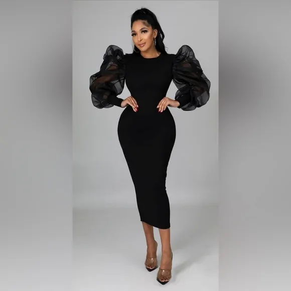Women's Sexy Mesh Ruffle Long Sleeve Bodycon Dress Round Neck Slim Fit