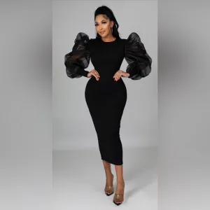 Women's Sexy Mesh Ruffle Long Sleeve Bodycon Dress Round Neck Slim Fit