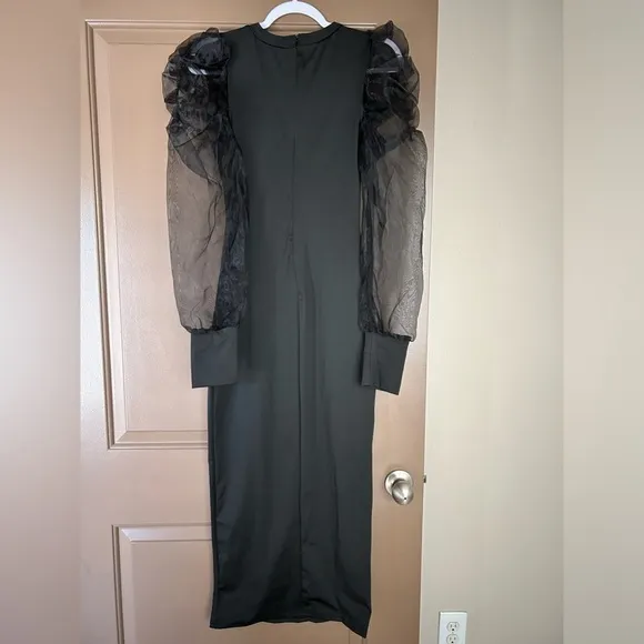 Women's Sexy Mesh Ruffle Long Sleeve Bodycon Dress Round Neck Slim Fit