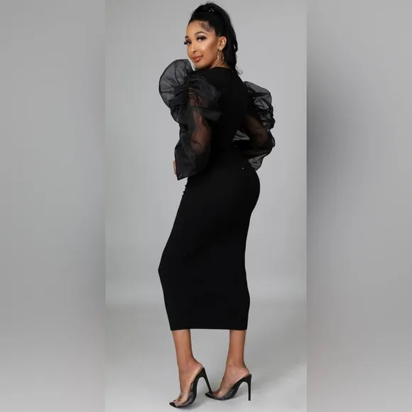 Women's Sexy Mesh Ruffle Long Sleeve Bodycon Dress Round Neck Slim Fit