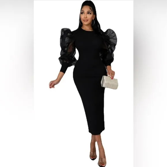 Women's Sexy Mesh Ruffle Long Sleeve Bodycon Dress Round Neck Slim Fit