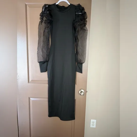 Women's Sexy Mesh Ruffle Long Sleeve Bodycon Dress Round Neck Slim Fit