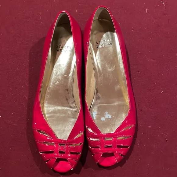 Women’s Shoes 7.5 Stuart Weitzman Red Patent Leather Open Toe Flats