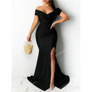 Women's Slim Fit Deep V-Neck Sexy Split Dress
