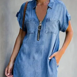 Women's slim-fit denim dress with collar zip