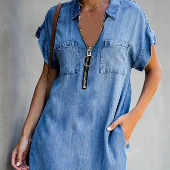 Women's slim-fit denim dress with collar zip