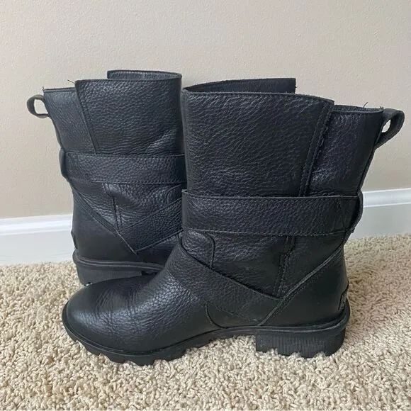 Women's Sorel Black Phoenix Moto Boots Size 8.5 Black Waterproof leather buckle