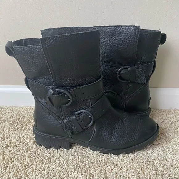 Women's Sorel Black Phoenix Moto Boots Size 8.5 Black Waterproof leather buckle