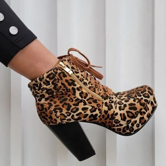Women's Suede Lace-Up Chunky Block High Heel Ankle‎ Boots Leopard