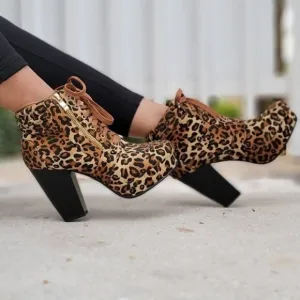 Women's Suede Lace-Up Chunky Block High Heel Ankle‎ Boots Leopard
